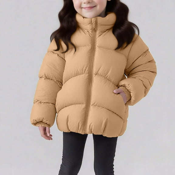 Gamivast Girl Puffer Jacket Size 1-8 Lightweight Stand Collar Zip up Winter Down Coats with Ear Hood Casual School Cuffed Long Sleeve Padded Outerwear for Kids Toddler