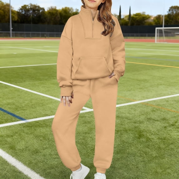 Gamivast Girls 2 Piece Sweatsuit Set Loose Fit Quarter Zip Sweatshirt and Elastic Waist Joggers with Pockets Soft Breathable Fleece Athletic Lounge Outfit