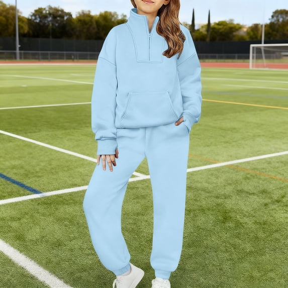 Gamivast Girls 2 Piece Sweatsuit Set Loose Fit Quarter Zip Sweatshirt and Elastic Waist Joggers with Pockets Soft Breathable Fleece Athletic Lounge Outfit