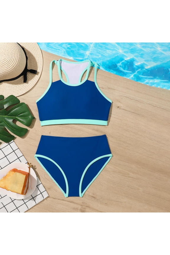 Girls Bathing Suits Size 10-12 Boho Floral Two Piece Swimwear High Waisted Bathing Suit Cute Crew Neck Bikini Sets for Teen Navy 6-8 Trajes De Baño Para Niños Y Niñas