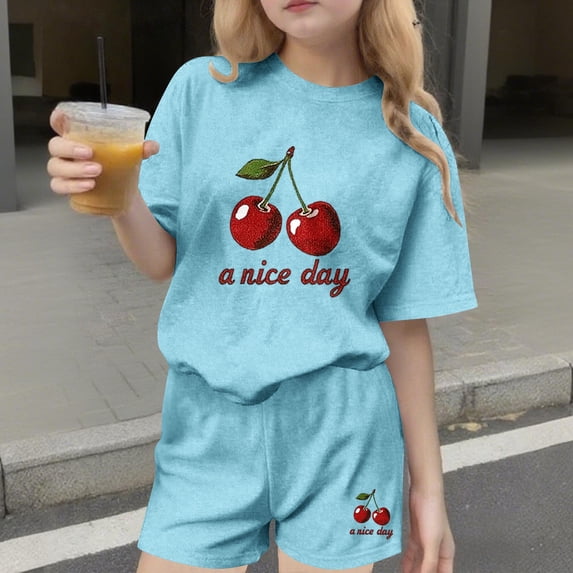 Gamivast Girls Cherry Print 2 Piece Outfits Short Sleeve Tee and Shorts Set Summer Casual Playwear Soft Cotton Holiday Vacation Cute Clothes