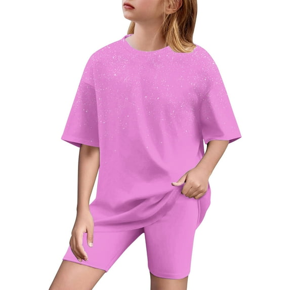 Gamivast Girls Clothes Summer 2 Piece Outfits Fashion Gradient Color Drop Shoulder T-Shirts and Shorts Sets Vacation Casual Kids Clothing Sets Pink 14-16 Camiseta De Para Niños