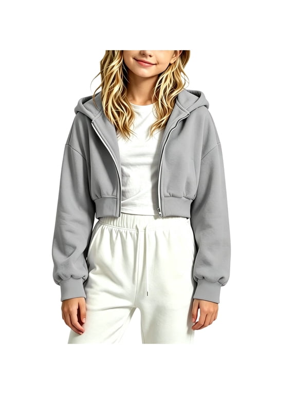 Girls' Cropped Zip up Hoodie Full Zip Hooded Sweatshirt Soft Long Sleeve Casual Jacket Tops for Fall Winter Lounge School Wear Gray 9-10 Years
