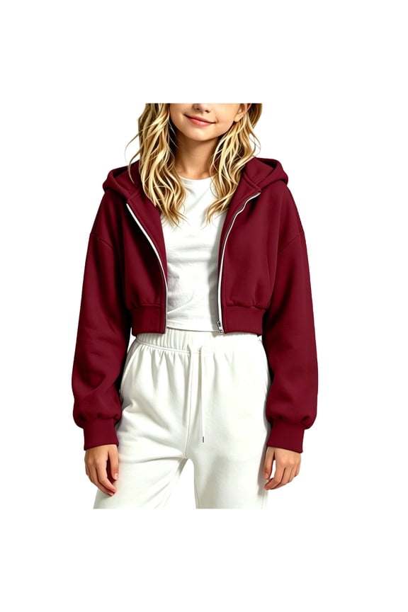 Girls' Cropped Zip up Hoodie Full Zip Hooded Sweatshirt Soft Long Sleeve Casual Jacket Tops for Fall Winter Lounge School Wear Wine 9-10 Years