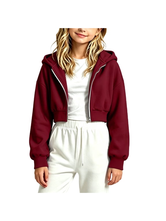 Girls' Cropped Zip up Hoodie Full Zip Hooded Sweatshirt Soft Long Sleeve Casual Jacket Tops for Fall Winter Lounge School Wear Wine 9-10 Years
