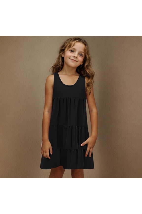 Girls Dresses Size 10-12 Solid Color Crewneck Tank Dress Summer Casual Loose Pleated Flowy Midi Cute Shift Dress Holiday Beach Dress for Teens Black 14-16 Camisas Para Mujer