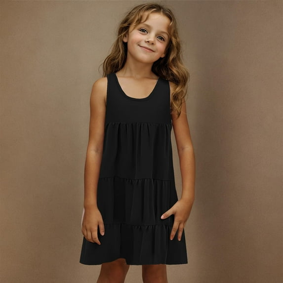Gamivast Girls Dresses Size 10-12 Solid Color Crewneck Tank Dress Summer Casual Loose Pleated Flowy Midi Cute Shift Dress Holiday Beach Dress for Teens Black 14-16 Camisas Para Mujer