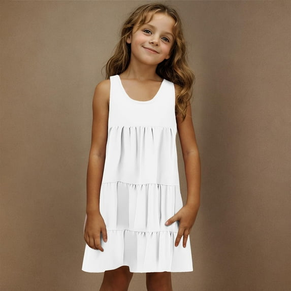 Gamivast Girls Dresses Size 10-12 Solid Color Crewneck Tank Dress Summer Casual Loose Pleated Flowy Midi Cute Shift Dress Holiday Beach Dress for Teens White 5T Camisas Para Mujer Clearance Sales