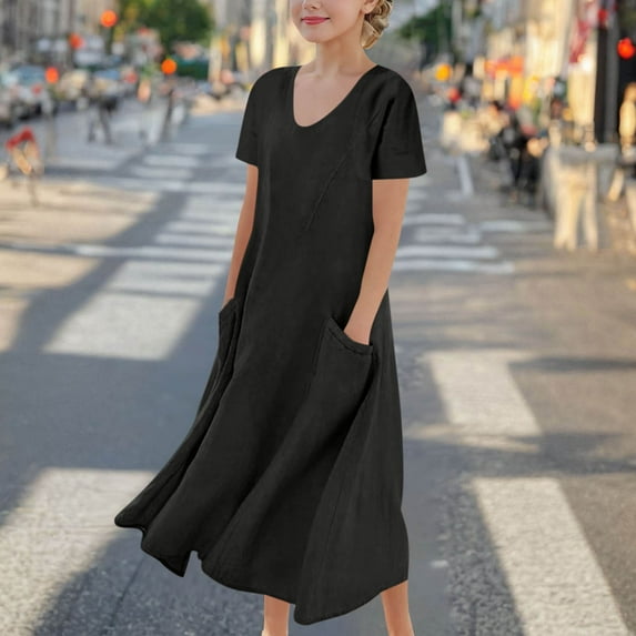 Gamivast Girls Dresses Size 10-12 Summer Cotton Linen Sundress V Neck Short Sleeve Maxi Dress with Pockets Loose Fit Flowy Dress Vacation Beach Dress Black 10-12 Camisas Para Mujer