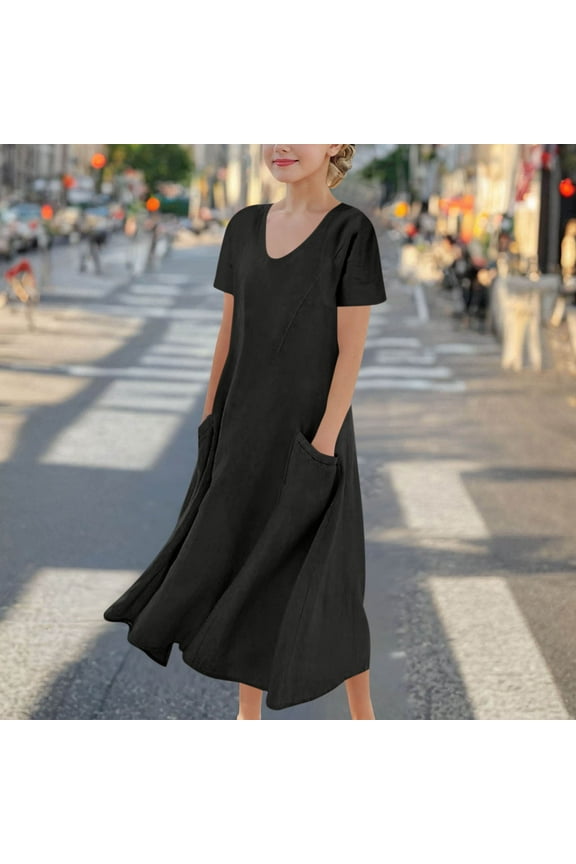 Girls Dresses Size 10-12 Summer Cotton Linen Sundress V Neck Short Sleeve Maxi Dress with Pockets Loose Fit Flowy Dress Vacation Beach Dress Black 5T Camisas Para Mujer My Orders