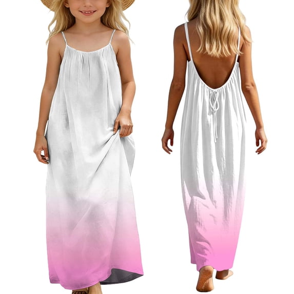 Gamivast Girls Dresses Sleeveless Maxi Dress Spaghetti Strap Backless Tie Back Ombre Long Sundress Casual Loose Fit Beach Vacation Summer Dress Hot Pink 7 Years