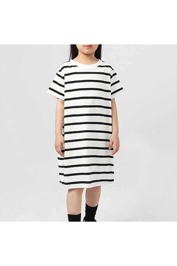 Girls Dresses Spring Summer Casual Sleep Dress 2025 Cotton Relaxed Fit Short Sleeved Sleeping Dress for Teens Striped Midi Dress Black 5T Camisas Para Mujer