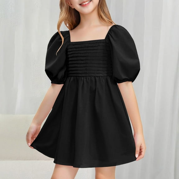 Gamivast Girls Dresses Summer Square Neck Puff Sleeve Dress A-Line Smocked Cute Mini Dresses Vacation Flowy Beach Dress Spring Dresses for Juniors Black 5T Camisas Para Mujer