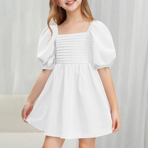 Gamivast Girls Dresses Summer Square Neck Puff Sleeve Dress A-Line Smocked Cute Mini Dresses Vacation Flowy Beach Dress Spring Dresses for Juniors White 5T Camisas Para Mujer