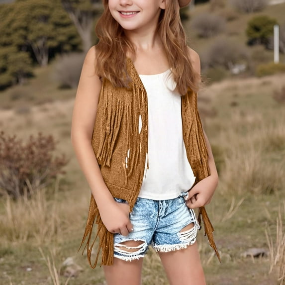 Gamivast Girls Fashion Fringe Vest 70S Hippie Costume Sleeveless Clothes Solid Color Western Faux Suede Tassel Leather Outerwear Brown 6-8 Camiseta De Para Niños