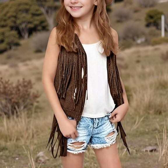 Gamivast Girls Fashion Fringe Vest 70S Hippie Costume Sleeveless Clothes Solid Color Western Faux Suede Tassel Leather Outerwear Coffee 6-8 Camiseta De Para Niños