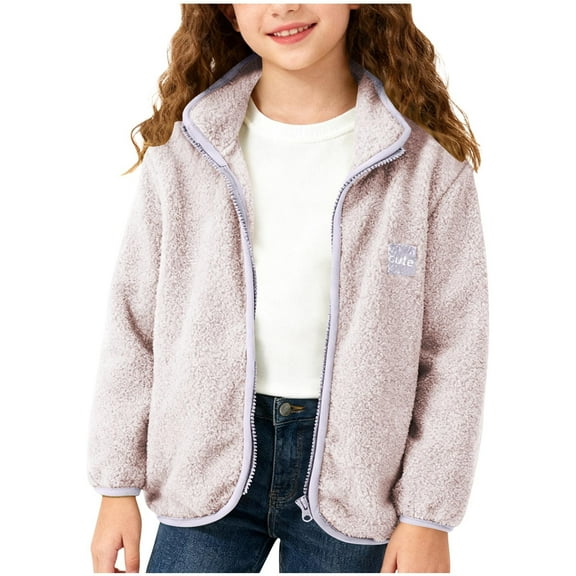 Gamivast Girls' Fleece Jackets & Coats Lightweight Letter Printed Zip up Lapel Collar Winter Sherpa Coats with Pockets Loose Fitted Long Sleeve Outerwear for Kids Teen (3-14)