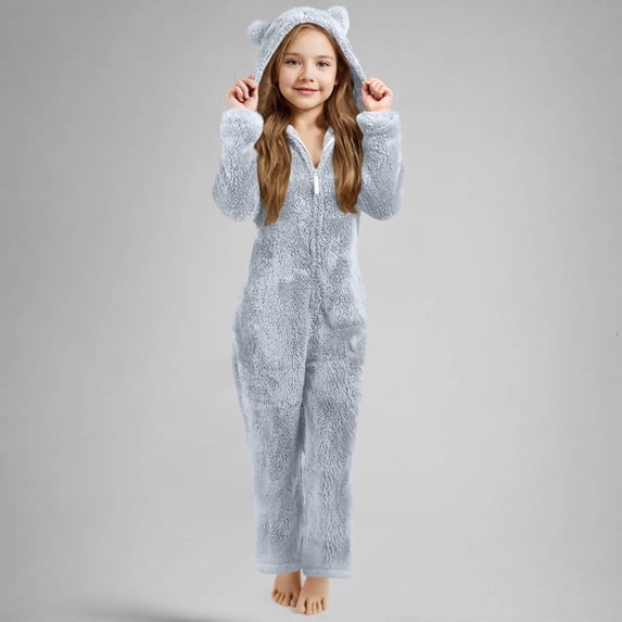 Gamivast Girls' Fleece Pajamas Jumpsuit Cute Animal Bear Ear Hooded Romper Long Sleeve Warm Sleepwear Winter Lounge Wear for Kids