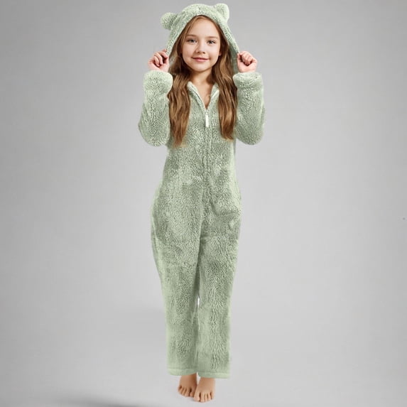 Gamivast Girls' Fleece Pajamas Jumpsuit Cute Animal Bear Ear Hooded Romper Long Sleeve Warm Sleepwear Winter Lounge Wear for Kids