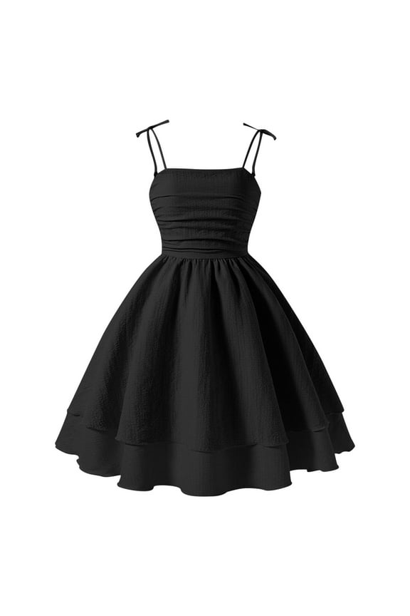Girls Gresses Smocked Ruched A Line Princess Dress Layered Tie Shoulder Flowy Summer Dress Party Ball Dress Semi formal Dresses for Juniors Black 14-16 Camisas Para Mujer