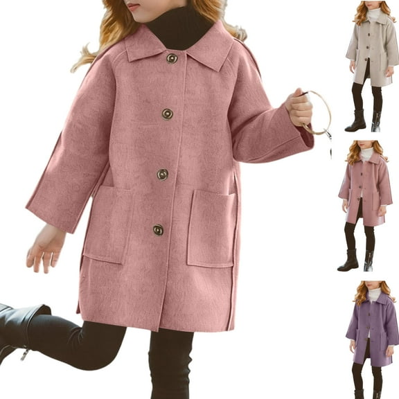 Gamivast Girls Pea Coat Wool Kids Button Down Lapel Collar Winter Coats for Kids and Teen Casual Long Sleeve Mid-Length Trench Jacket with Pockets Girls' Outerwear Jackets & Coats