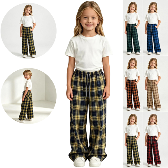 Gamivast Girls Plaid Pants Wide Leg Loose Fit Lounge Elastic Waist Drawstring Pajama Bottoms for Kids Everyday Playwear School Fall Basic Wardrobe