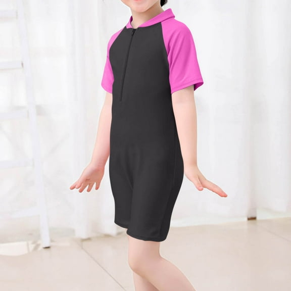 Gamivast Girls Rash Guard Swimsuit Kid One Piece Water Sport Short Swimsuit Zipper Short Sleeve Sun Protection Bathing Suits Black S Trajes De Baño Para Niños Y Niñas