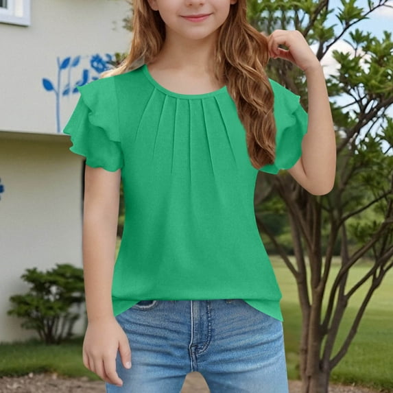 Gamivast Girls Ruffle Short Sleeve Shirts Crew Neck Pleated Front Shirts Summer Loose Fit Blouse Solid Color Cute Vacation Casual Shirts Green 6-8 Camiseta De Para Niños