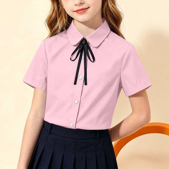 Gamivast Girls' Short Sleeve Button Down Shirts School Uniform Blouses with Bow Tie Cute Collared Dressy Tops Casual Summer Lightweight Clothes for Kids Daily Wear Pink 9-10Years