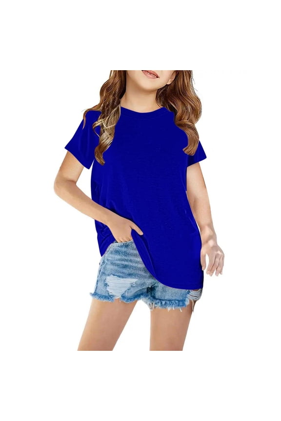 Girls Short Sleeve Shirts Summer Basic Tops Clothing Solid Color Casual Loose Fit Crewneck Shirts Kids Cute Tunic Tees Tops Blue 9Y Camiseta De Para Niños