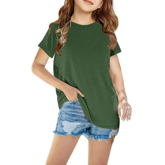 Gamivast Girls Short Sleeve Shirts Summer Basic Tops Clothing Solid Color Casual Loose Fit Crewneck Shirts Kids Cute Tunic Tees Tops Green 7Y Camiseta De Para Niños Clearance
