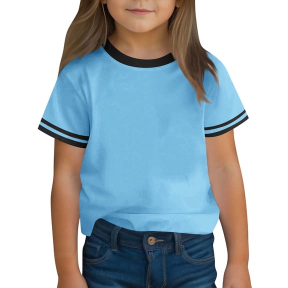 Gamivast Girls Short Sleeve T Shirts Kids Summer Crewneck Color Block Tops Vacation Casual Comfortable Fashion Tees Blue of the Day Placed Recently by Me Delivery Status
