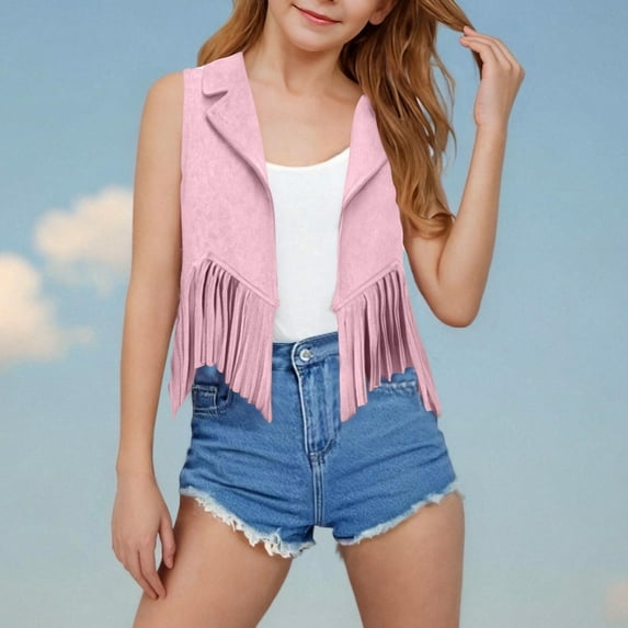 Gamivast Girls Sleeveless Boho Tassels Jacket Cardigan Fringe Vest 70S Hippie Costume Sleeveless Western Faux Suede Tassel Leather Outerwear Pink 10-12 Camiseta De Para Niños
