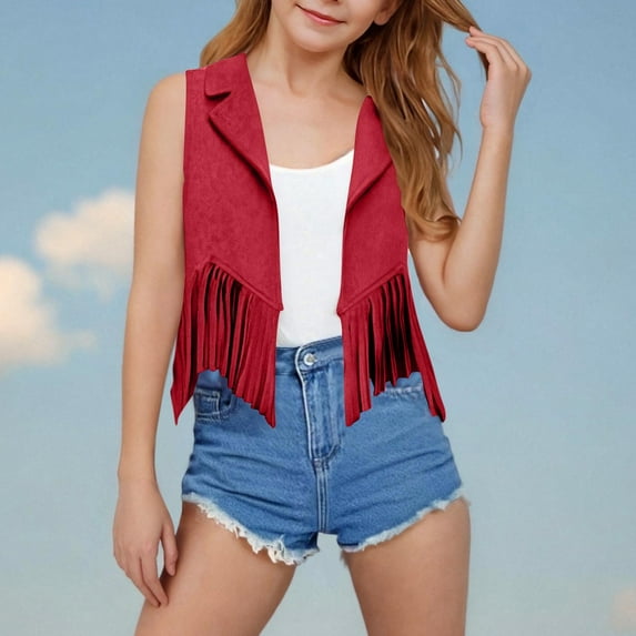 Gamivast Girls Sleeveless Boho Tassels Jacket Cardigan Fringe Vest 70S Hippie Costume Sleeveless Western Faux Suede Tassel Leather Outerwear Wine 5T Camiseta De Para Niños