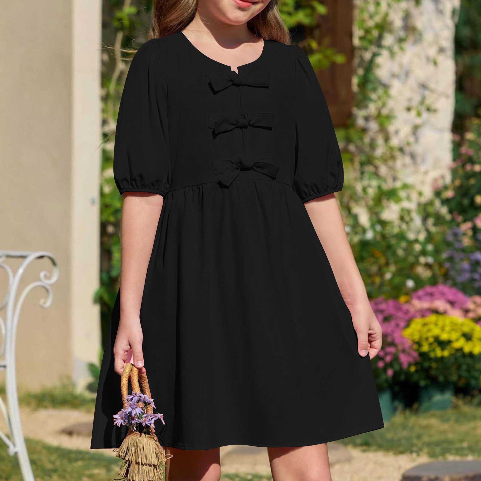 Gamivast Girls Summer Dress Casual Front Bow Tie Puff Short Sleeve Mini Dress  Cute Trendy Flowy Sun Dress Vacation Casual Spring Dresses for Juniors  Black 6-8 Camisas Para Mujer My Orders -, image size:1600x1600