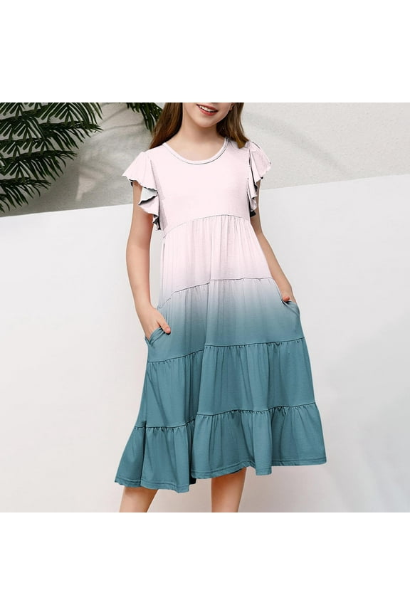Girls Summer Dress Crewneck Gradient Color Midi Dresses Double Layer Flutter Sleeve Flowy A-Line Sundress Spring Dresses for Juniors Khaki 6-8 Camisas Para Mujer