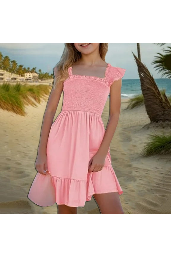 Girls Summer Dress Pleated Sleeve Square Neck Dress Preppy Flowy Elegant Sundress Spring Dresses for Juniors Vacation Casual Beach Dress Pink 14-16 Camisas Para Mujer