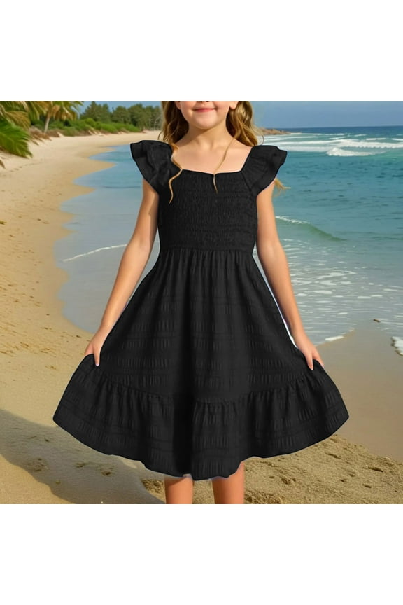 Girls Summer Dresses Size 10-12 Pleated Ruffle Sleeve A Line Dress Sundress Vacation Casual Flowy Midi Dress Juniors Spring Beach Clothes Black 10-12 Camisas Para Mujer