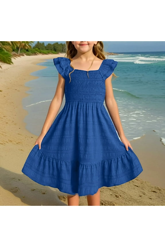 Girls Summer Dresses Size 10-12 Pleated Ruffle Sleeve A Line Dress Sundress Vacation Casual Flowy Midi Dress Juniors Spring Beach Clothes Blue 10-12 Camisas Para Mujer