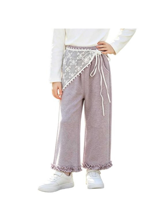Gamivast Girls Wide Leg Pants Fleece Lined Overlay Ruffled Hem Casual Lounge Trousers Elastic Waist Sweatpants for Kids Daily Playwear School Dance Outfits