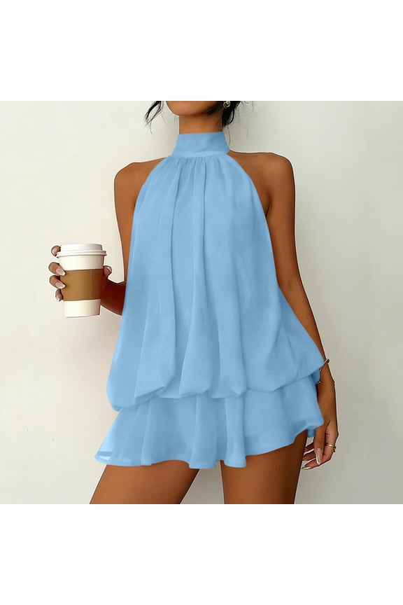 Going Out Dresses for Women Halter Neck Sleeveless Flowy Tiered Ruffle Party Dress Elegant Basic Solid Summer Dress Cocktail Vacation