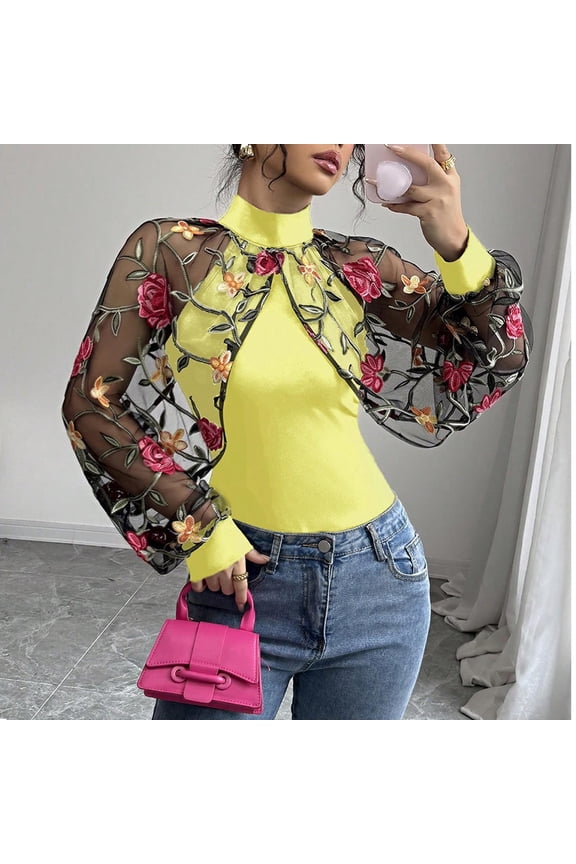 Going Out Tops for Women Floral Embroidery Long Sleeve High Neck Mesh Tops Sheer Blouses Club Date Night Tops for Women
