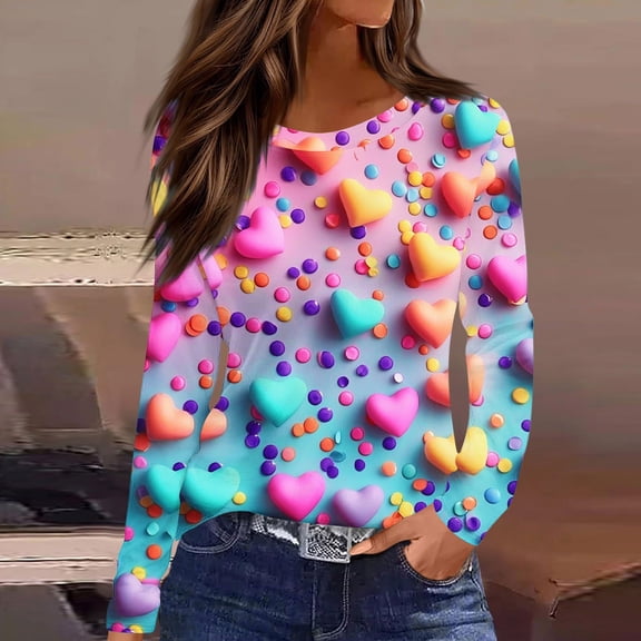 Gamivast Going out Tops Womens Valentines Day Tops Plus Size Holiday Heart Long Sleeve Crew Neck Casual Blouses Loose Travel Drop Shoulder Tunic Shirts Spring Festival Outfits