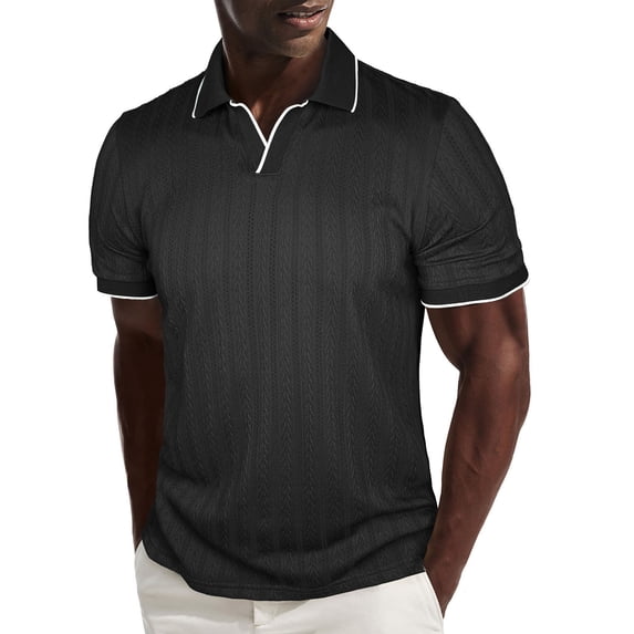 Gamivast Golf Shirts Textured Cable Knit Contrast Trim Mens Short Sleeve Shirts V-Neck Collared Casual Shirts Breathable Soft Stretchy Business