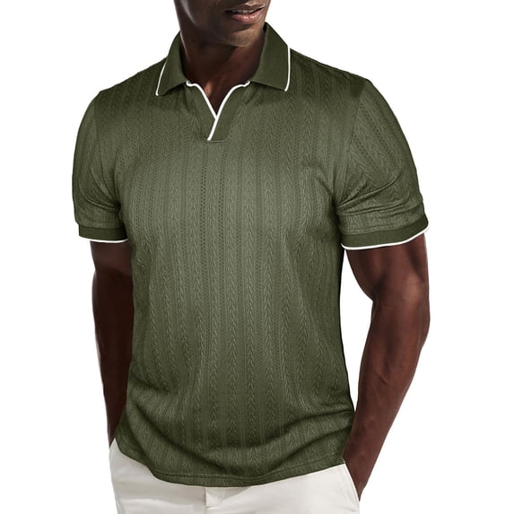 Gamivast Golf Shirts Textured Cable Knit Contrast Trim Mens Short Sleeve Shirts V-Neck Collared Casual Shirts Breathable Soft Stretchy Business