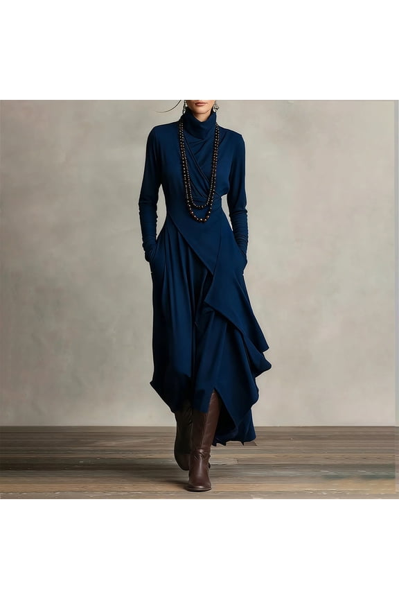 Goth Dress for Women Long Sleeve Turtle Neck Asymmetrical Hem Maxi Dress Solid Draped Irregular Flowy Dress Halloween Cosplay Party Steampunk