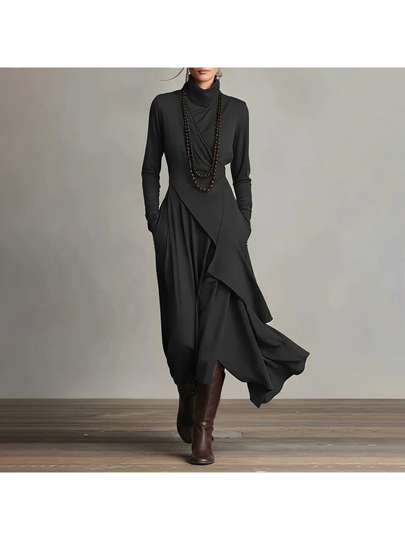Goth Dress for Women Long Sleeve Turtle Neck Asymmetrical Hem Maxi Dress Solid Draped Irregular Flowy Dress Halloween Cosplay Party Steampunk
