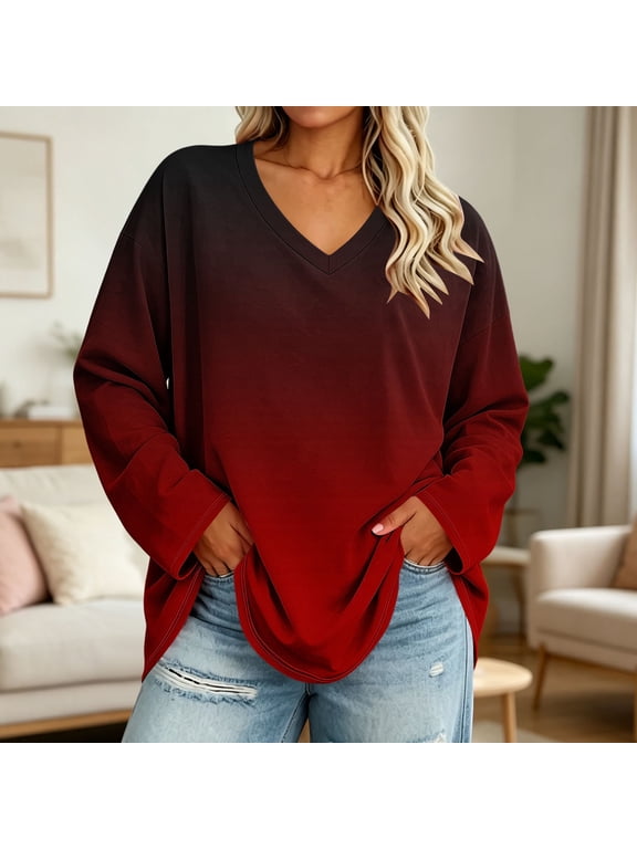 Gradient T Shirts for Women Plus Size Long Sleeve Ombre Casual V Neck Relaxed Fit Blouses Lightweight Trendy Color Block Pullover Tops Summer Essential Everyday Wear Red XXXL