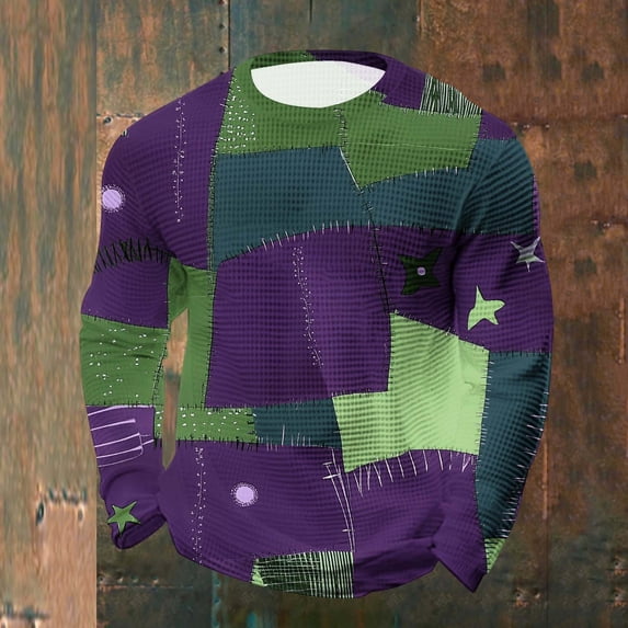 Gamivast Graphic Sweatshirts for Men Patchwork Print Crew Neck Pullover Sweater Mens Sweatshirts Crewneck Soft Comfy Casual Holiday Tops
