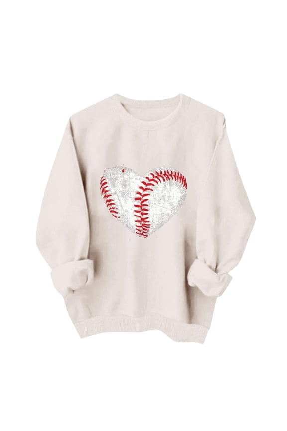 Graphic Sweatshirts for Women Game Day Glitter Heart Baseball Stitching Print Crew Neck Long Sleeve Pullover Tops Casual Athletic Wear